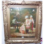 An ornate gilt framed 19th Century English School oil on canvas laid down, depicting two Victorian