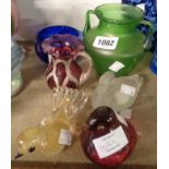 Six pieces of glassware including Murano and Wedgwood bird paperweights, cranberry jug with pewter