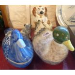 Two pottery duck tureens, a modern Staffordshire style spaniel, and a pug