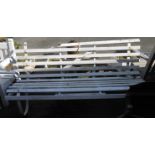 A 1.8m old painted wrought iron framed garden bench with wooden slats - some a/f