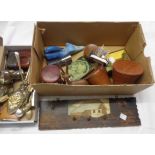 Two boxes of assorted collectable items including rustic set of key hooks, two sets of hunting cups,