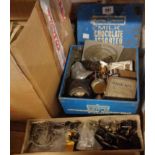 A tin of vintage electrical equipment - sold with a box containing vintage model railway wheels,