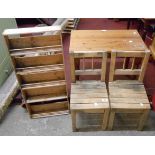 A pair of modern blonde wood child's chairs with slatted seats - sold with small pine five shelf