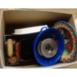 A box containing a quantity of various treen, papier-mache and enamel ware, etc.