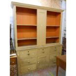 A 1.86m Victorian painted pine two part dresser with moulded cornice and shelves to top (flanking