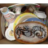 A box of assorted ceramics including Windmill Ceramics seahorse dish, etc.