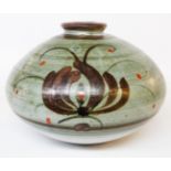 A large David Leach studio pottery vase of flattened ovoid form, decorated with hand painted