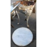 A painted cast iron garden table with circular marbled top - base stretcher missing