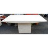 A 1.7m polished Travertine limestone dining table, set on square pedestal base - top cracked