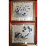 A pair of gilt framed Chinese paintings on silk, one depicting fighting cocks, flowering branches