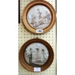 A pair of small circular gilt framed coloured reprints, comprising "The Dance" by Bartolozzi after