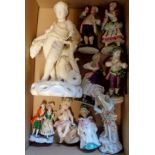 A box containing nine figurines including Stephenson & Hancock Derby, Sitzendorf, etc. - various