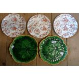 Two Victorian Mintons Majolica leaf pattern plates - sold with three Japonesque dessert plates