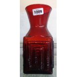 A vintage Dartington glass Greek Key vase in ruby colourway designed by Frank Thrower
