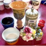 A collection of china and glassware including Wedgwood green Jasperware lidded pot (lid repaired),