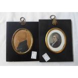 Two 19th Century black papier-mache and gilt metal mounted framed oval portrait miniatures, one