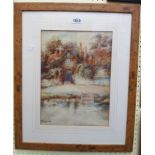 A framed watercolour view of Worcester Cathedral ferry crossing point - indistinctly signed