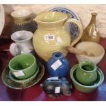 A selection of studio and other ceramics including Brannam items, vintage pestle and mortar, etc.