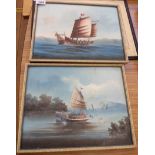 A pair of 19th Century Oriental gouaches, depicting junks at sea - one with staining and surface