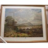 A large framed coloured print, depicting a river landscape with figures and cattle in foreground,
