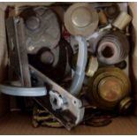 A box of assorted metalware including weights, horse brasses, door furniture, etc.