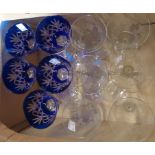 Six hock glasses with etched grape decoration - sold with two sherry glasses with etched grape