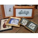 Two small framed modern Jacquard Loom bird pictures and a woolwork cat picture - sold with a