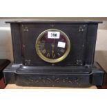 A late Victorian black slate cased mantle clock with gilt Roman numerals to black dial and eight day