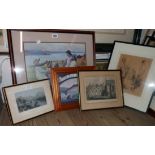 Seven framed decorative prints, including Oriental tigers, a Forbes group, architecture, etc.