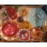 A box of assorted coloured glassware including cranberry, carnival, crackle, etc.
