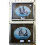 A pair of 1920's framed Oriental gouaches, depicting sailing junks in original gilt oval slips