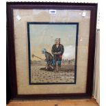 An oak framed early 20th Century Oriental school watercolour, depicting two farm workers in a field