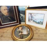 Five framed large coloured prints including David Shepherd mountain landscape, chromolithograph