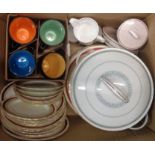 A box of assorted china including Susie Cooper Talisman items, boxed coffee mugs, etc.