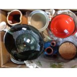 A box of pottery items including Lotus and Longpark - sold with vintage smokey glass bowls