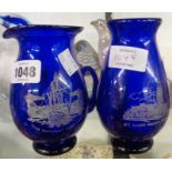 A modern Bristol blue jug with etched decoration commemorating the Matthew 1997 - sold with a