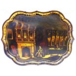 A large Victorian papier-mache serpentine form tray by B. Walton & Co. depicting a man sleeping by a