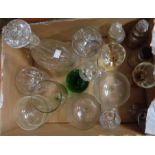 A box of assorted glassware including cut claret jug, tumblers, pair of Edwardian etched champagnes,