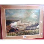 A mid/late 20th Century oil on board, entitled verso Cuckmere Haven 'Sussex' - indistinctly signed
