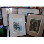R.H. Smallridge: four ebonised framed coloured etchings - all signed in pencil, bearing
