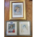 Two matching framed portrait miniatures of women - sold with a gilt framed print similar