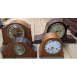 Two vintage Smiths mantle clocks, an oak cased Napoleon hat mantle clock and an inlaid cased desk