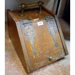 A Victorian oak slope fronted coal box with decorative strapwork hinges and metal liner - a/f