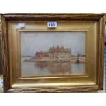 A.M.L: a swept gilt framed watercolour, depicting a customs house style waterside building -
