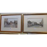 Two gilt framed late 20th Century mixed media paintings, depicting Scottish city street scenes -