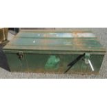 An old painted tin transit case with latches and flanking handles