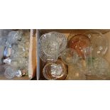 Two boxes containing assorted glassware including cut and moulded glasses, comports, etc.