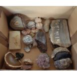 A box containing assorted mineral samples including fossil, geodes, etc.