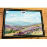G. Trevor: a framed gouache, depicting a moorland landscape with flowering heather and track in