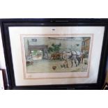 Cecil Aldin: a framed coloured print, depicting figures and horses in a courtyard - signed in pencil